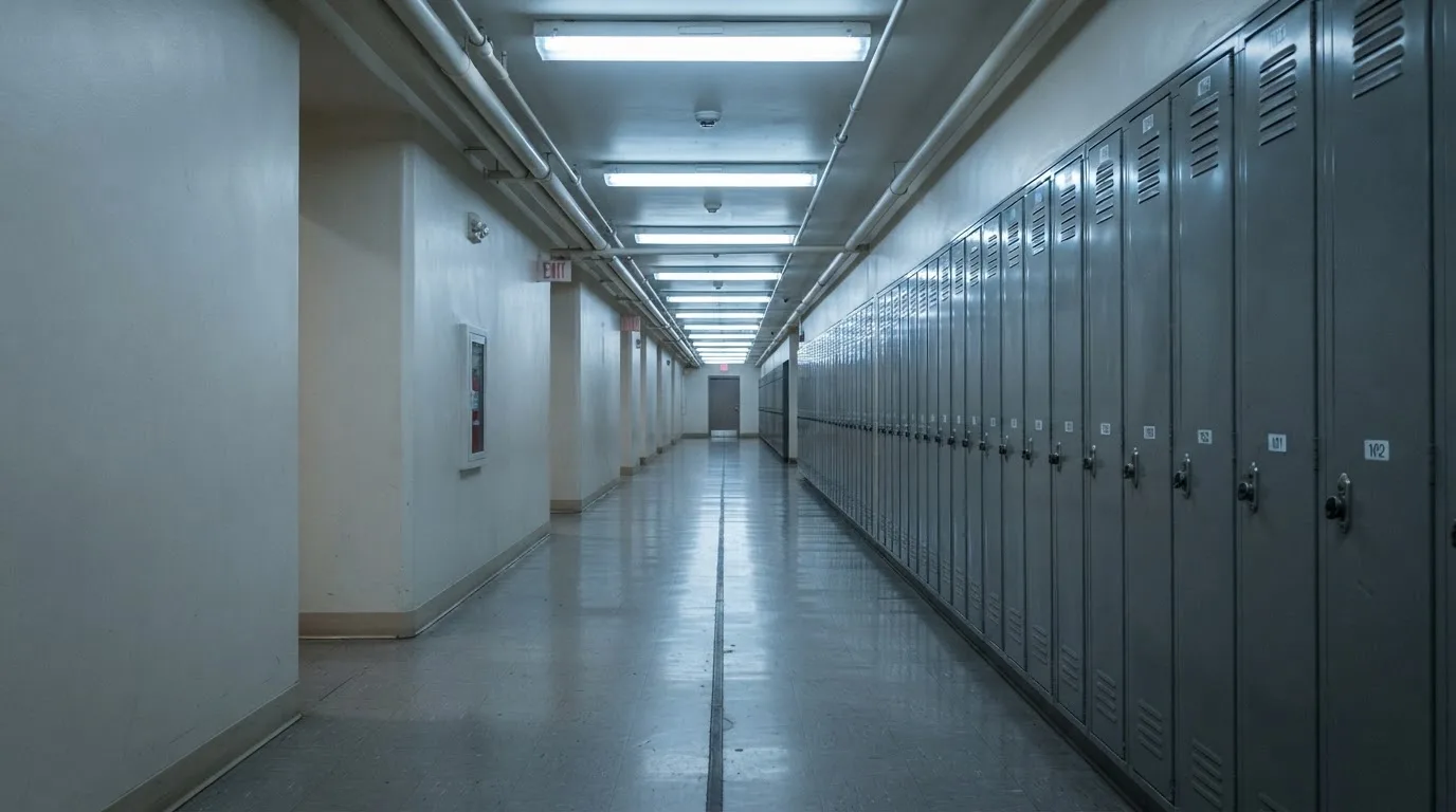 Un șir de dulapuri metalice încuiate pe un coridor lung, luminat de neoane palide — 10 lei depunere la cazinou în romania