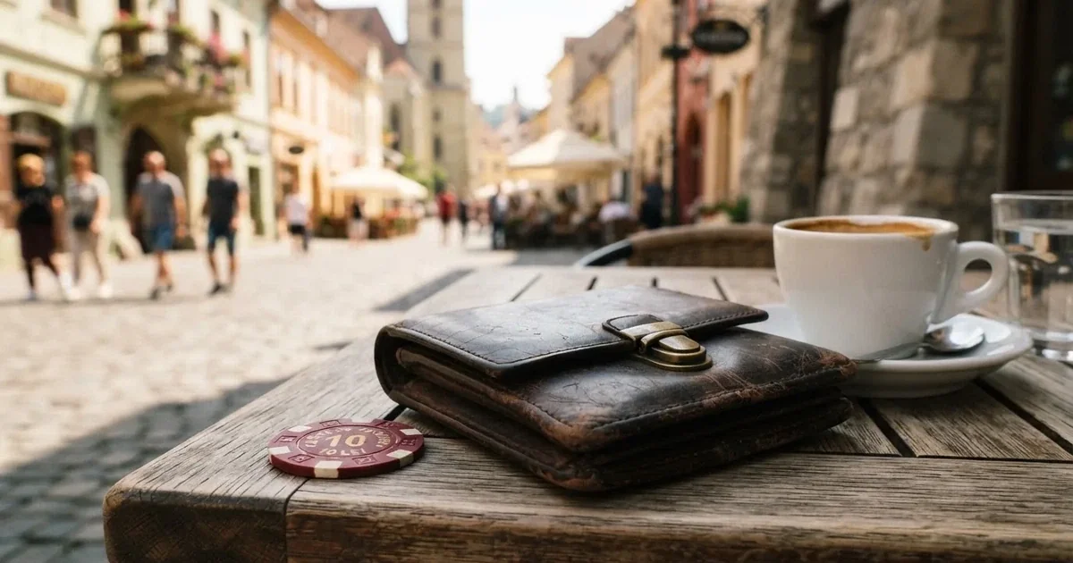 Un portofel de piele închis lângă o cană de cafea, pe masa unei terase la prânz — 20 lei depunere la cazinou în romania