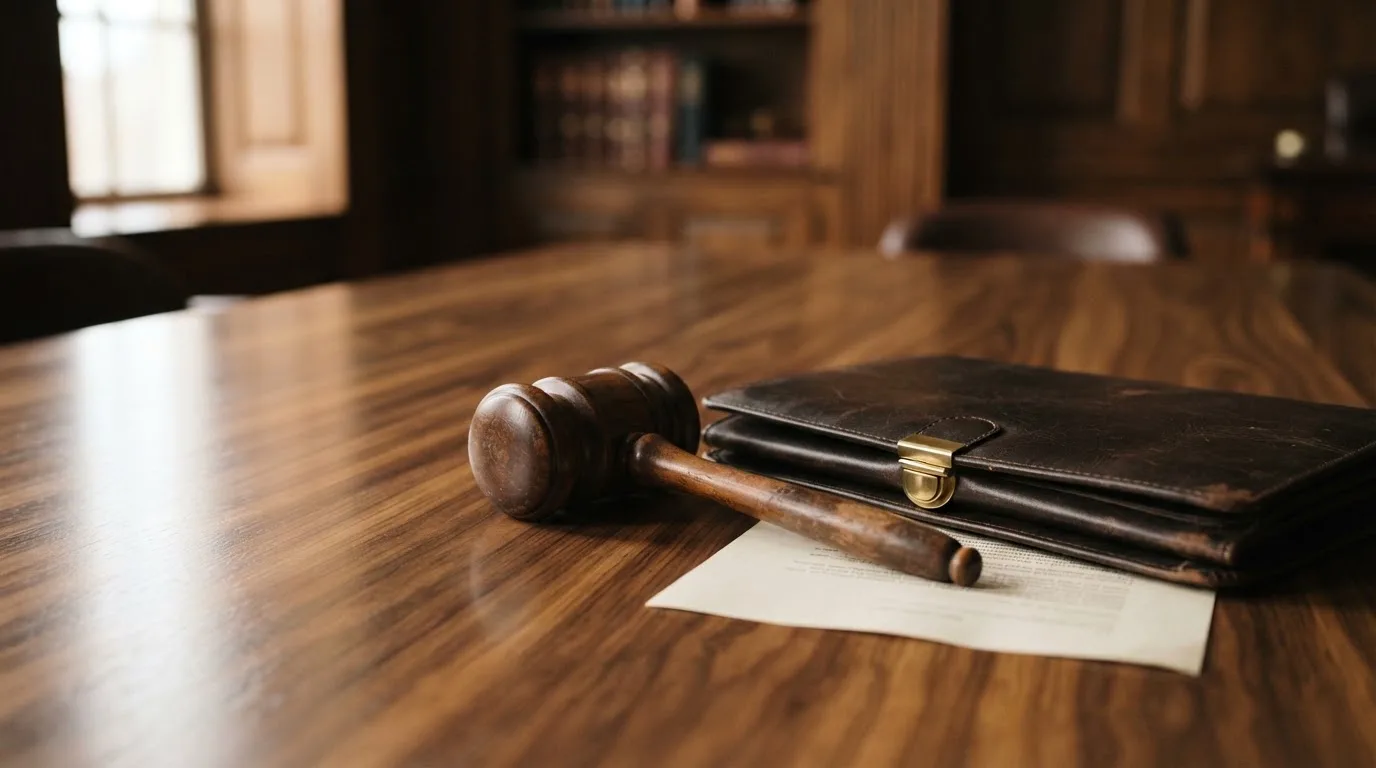 Un ciocan de judecător lângă un dosar de piele închis, pe o masă de nuc lustruit — aparate de cazinou din românia