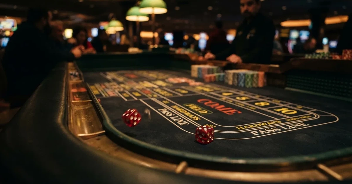 Zaruri roșii pe marginea unei mese de craps, sub o lumină verzuie — aparate de păcănele în românia