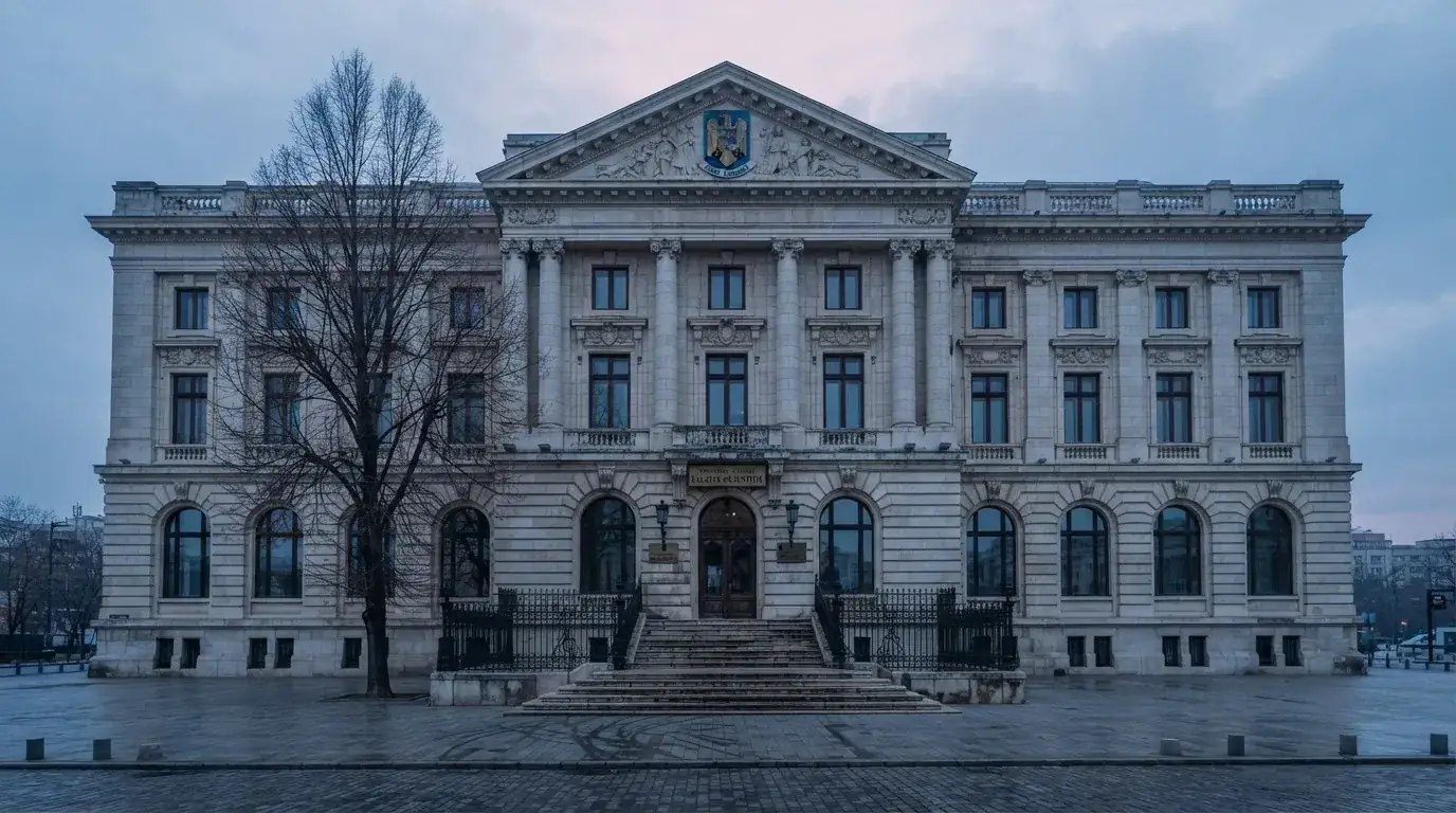 Fațada de piatră a unei clădiri guvernamentale din București, în lumina rece a zorilor — aparate de păcănele în românia