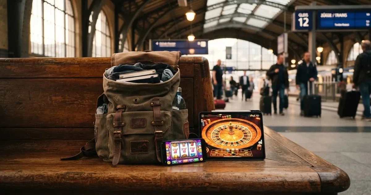 Rucsac deschis lângă un telefon și o tabletă pe o bancă de gară, cu un peron luminat în fundal.