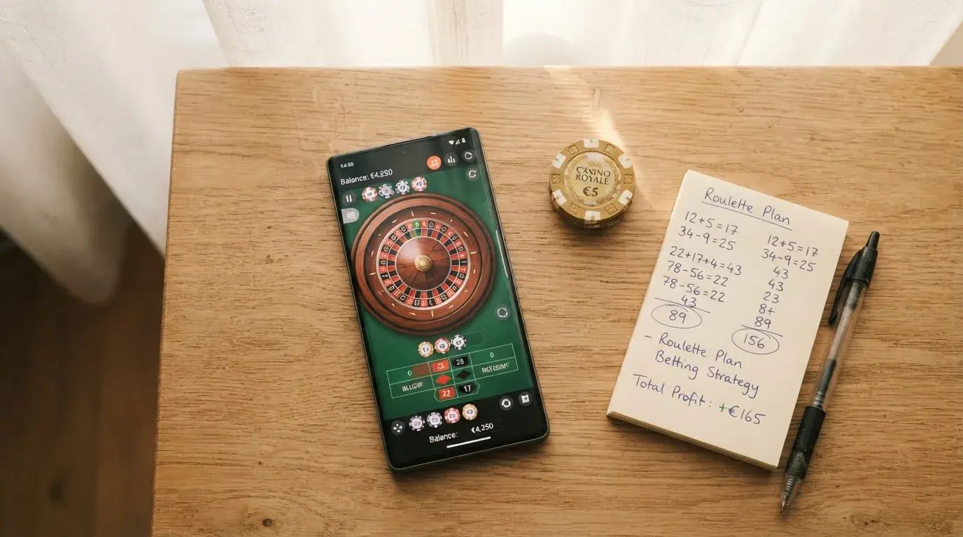 Smartphone așezat pe o masă de lemn lângă o monedă aurie și un calculator de buzunar, în lumina unei ferestre.