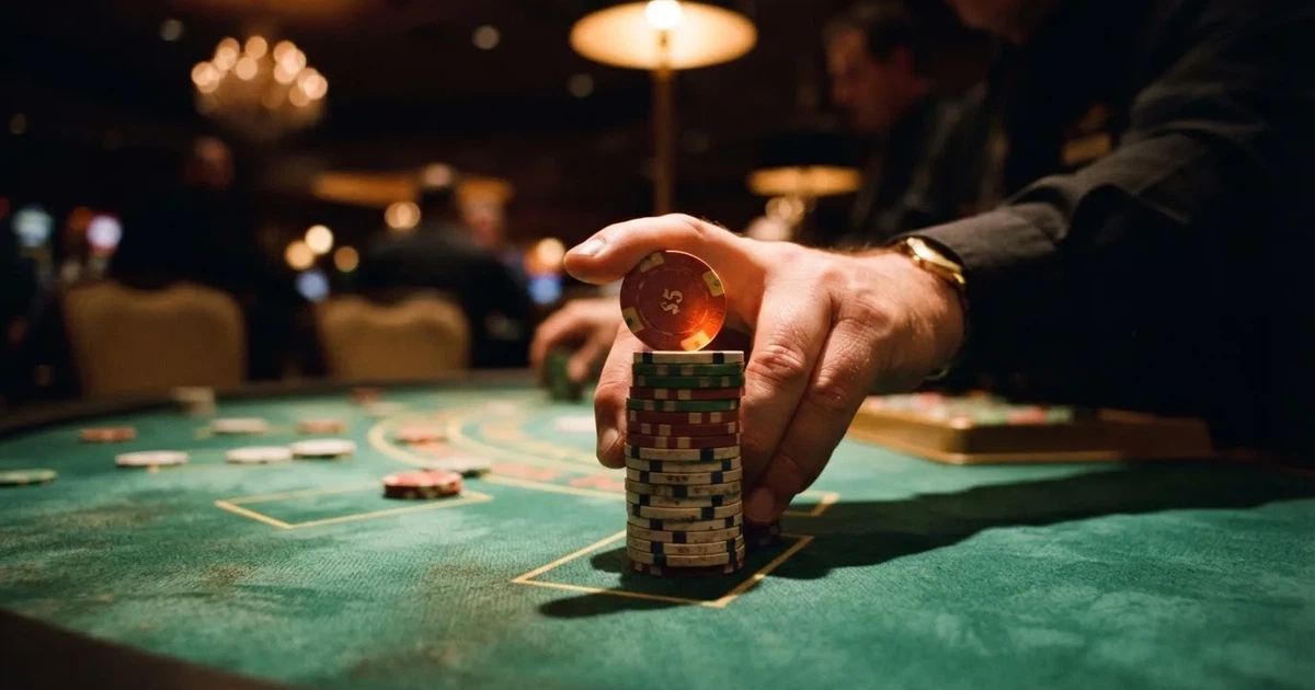 Mâini de crupier aranjând jetoane pe o masă de poker, în lumina unui spot — blackjack cu live dealeri în românia