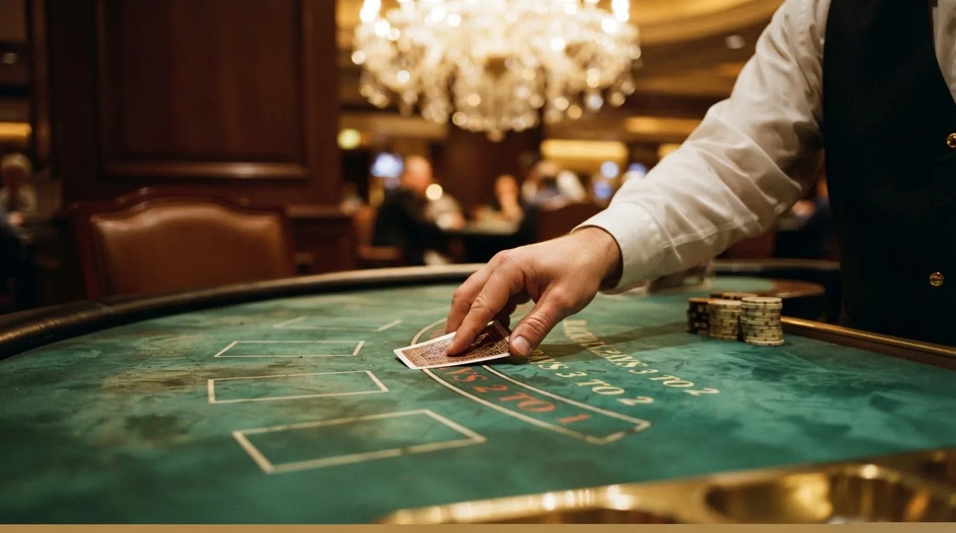 Mâinile unui crupier amestecă cărțile sub candelabrele unui cazinou elegant — blackjack reguli pentru români