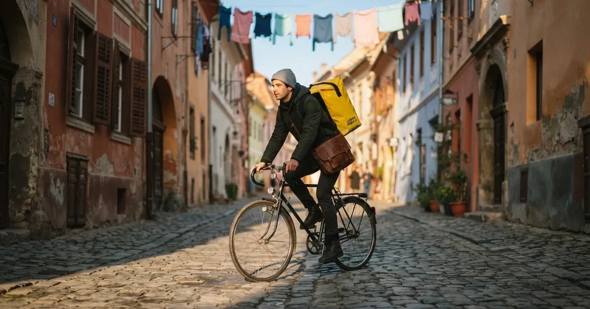Un curier pe bicicletă cu rucsac galben pe o stradă pavată, în lumina dimineții — bune cazinouri în românia