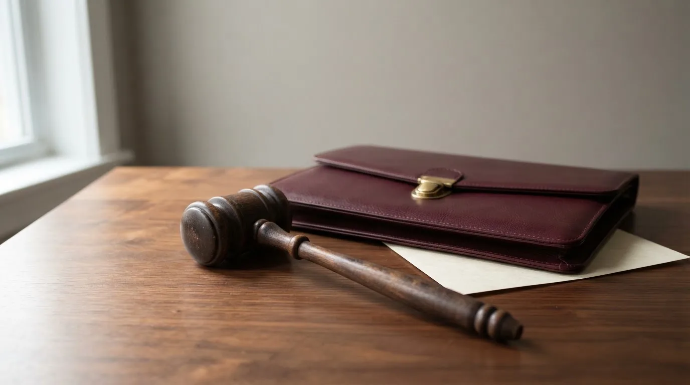 Un ciocan de judecător lângă un dosar de piele închis, pe o masă de nuc lustruit — bune cazinouri în românia