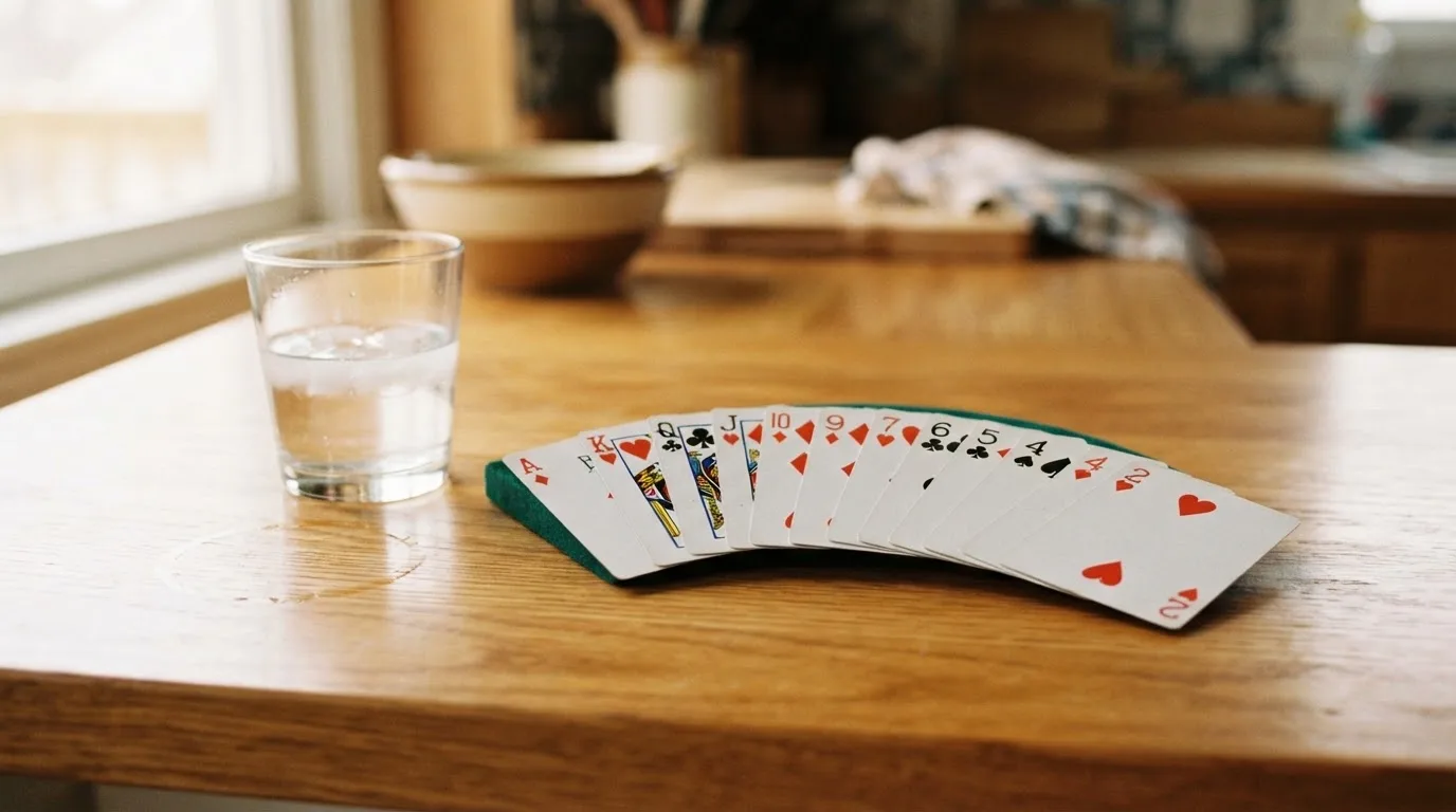 Un pachet de cărți de joc desfăcut evantai pe o masă de stejar, lângă un pahar cu apă — casino gratis în românia