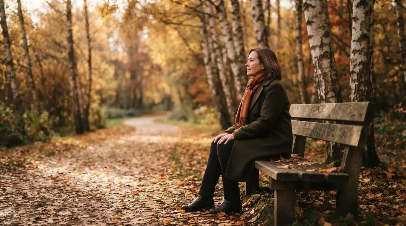 Un om pe o bancă din parc privește frunzele toamnei căzând, în lumină blândă — cazinouri fără licență în românia