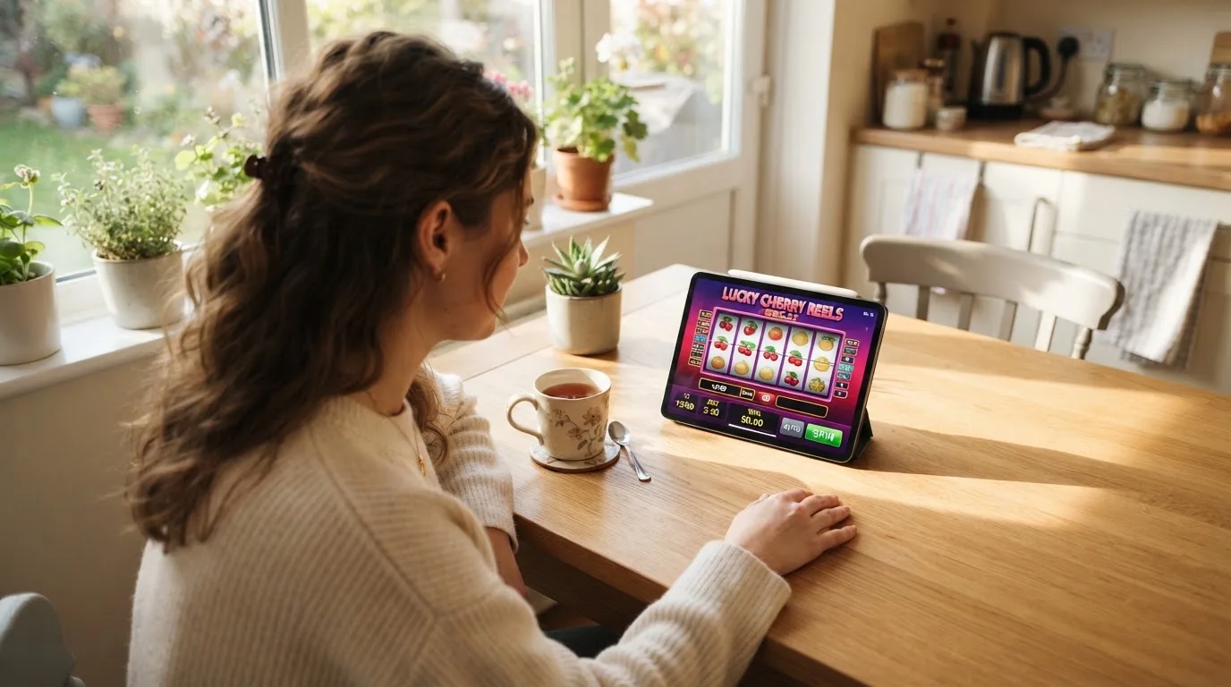 Adult tânăr stă la masa din sufragerie cu o tabletă în față și o cană de ceai, într-o cameră cu lumină naturală puternică.