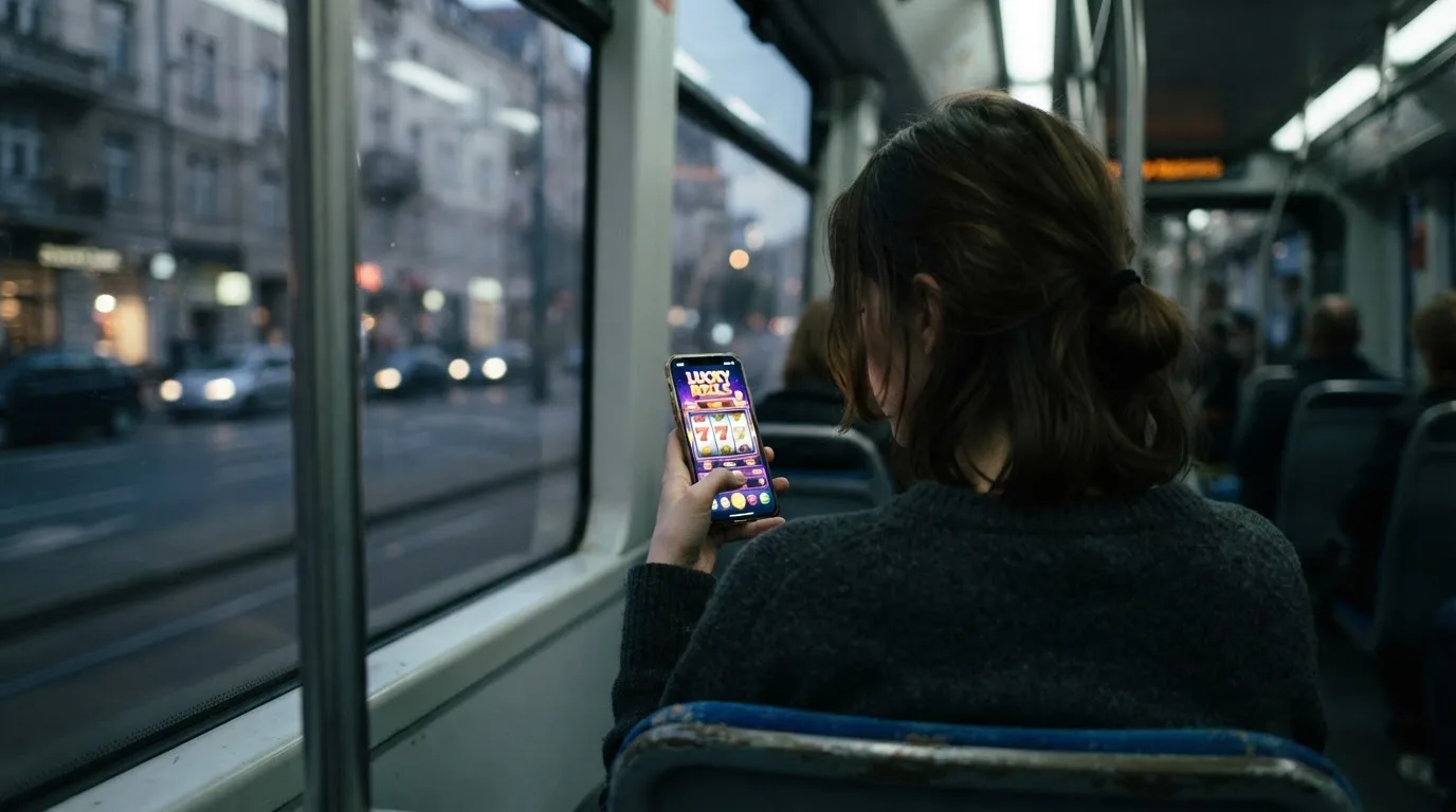 Tânără în tramvai ține telefonul cu ambele mâini și zâmbește, în timp ce afară se văd clădiri neclare în mișcare.