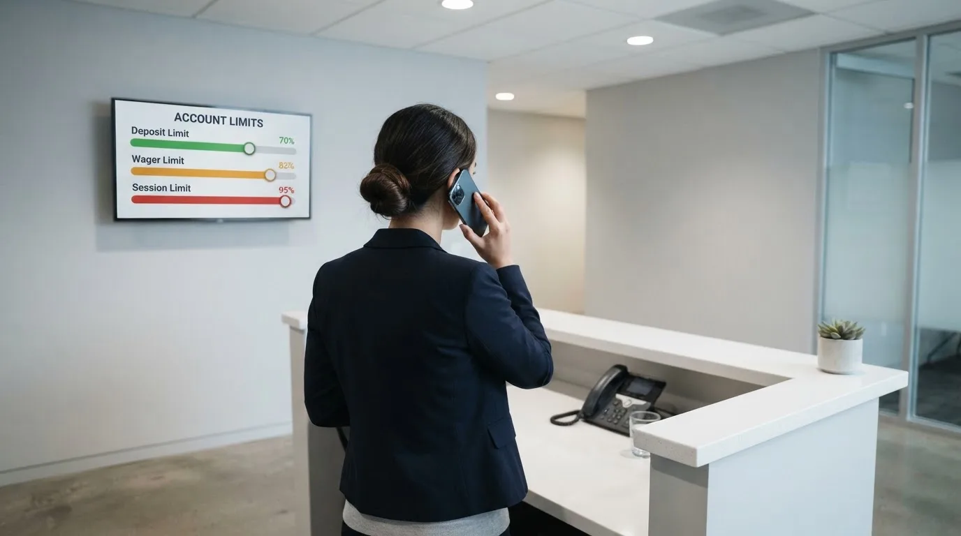 Birou de recepție într-un hol modern, cu un monitor discret pe un perete și o funcționară care răspunde la telefon.