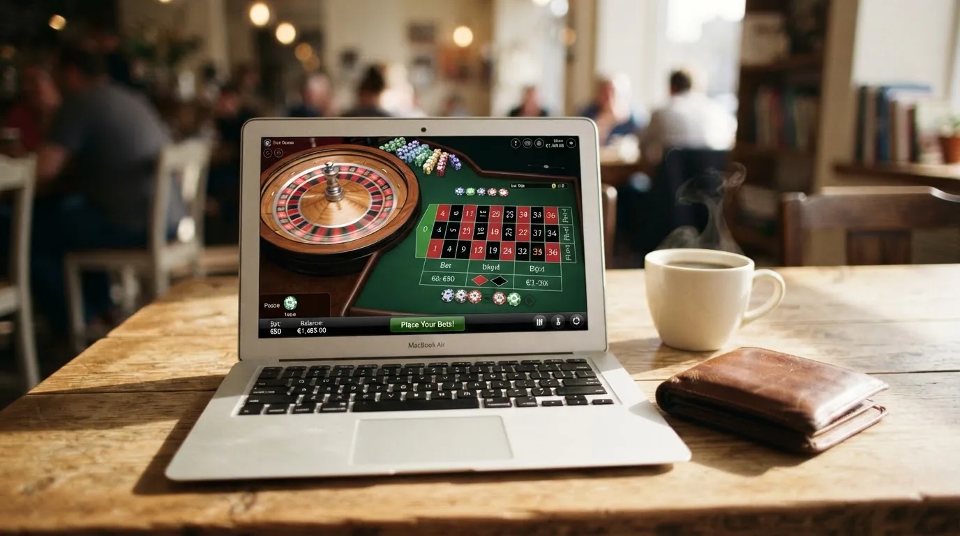 Laptop deschis pe o masă de cafenea, lângă un portofel de piele și o cană, cu lumina după-amiezii pe suprafața mesei.