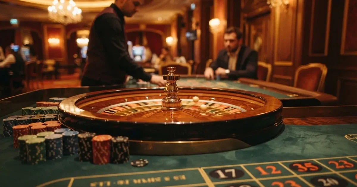 Un crupier în vestă neagră împarte cărți la o masă de blackjack, sub spoturi calde — jocuri de ruletă în română