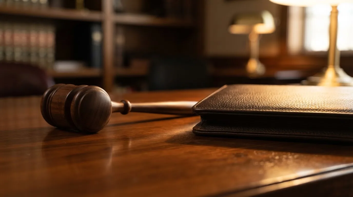 Un ciocan de judecător lângă un dosar de piele închis, pe o masă de nuc lustruit — live blackjack în românia