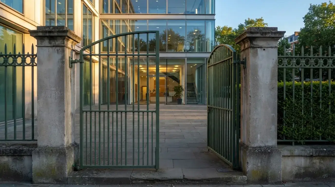 Poartă metalică de acces deschisă pe jumătate la intrarea într-o curte de birouri, în lumină de dimineață.